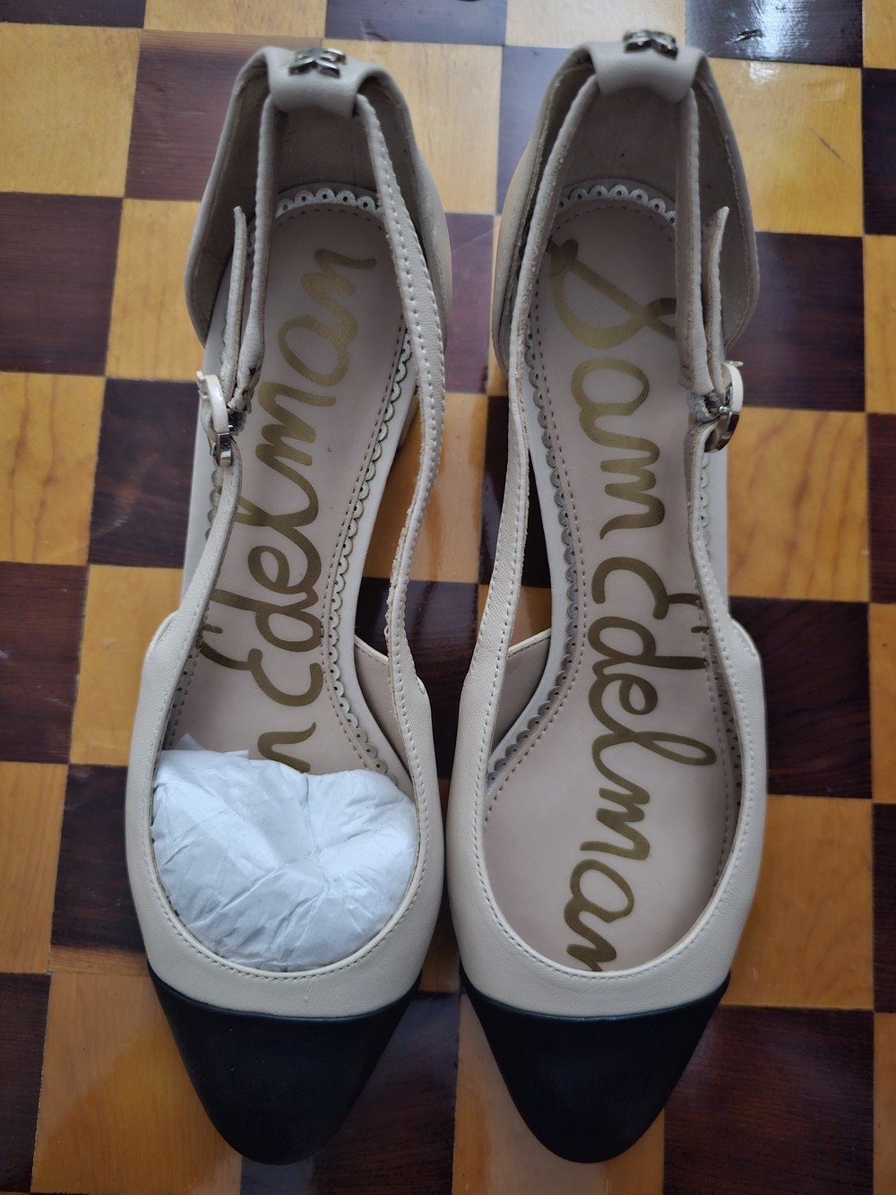 NEW- Sam Edelman Women's Two-Tone Beige and Black Ankle Strap Flats